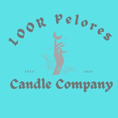 Aqua background with loor pelores candle company on it in gothic text